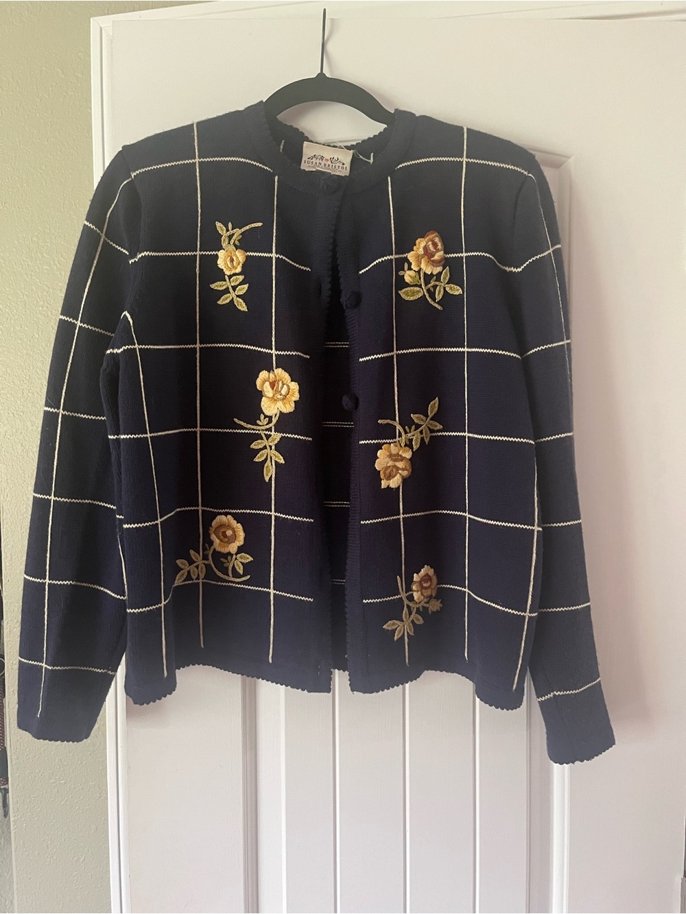 Susan Bristol Navy Grid Knit Jacket with Yellow Floral Embroidery